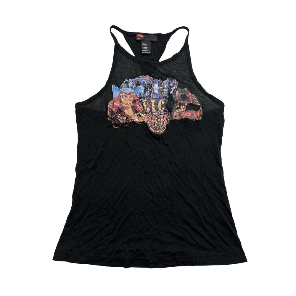 Diesel Distressed 69 Graphic Racerback Tank Top in Black